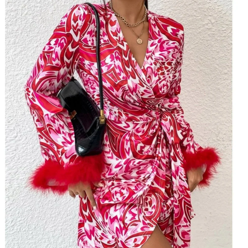 Cuff feather detailed Wrap Knot Side Mini Dress - Picture 3 of 7